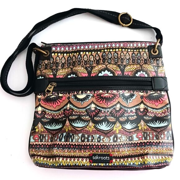 Sakroots Artists Circle Flat Lg Crossbody Bag Multicolor Coated Canvas Blk Strap - Picture 8 of 8